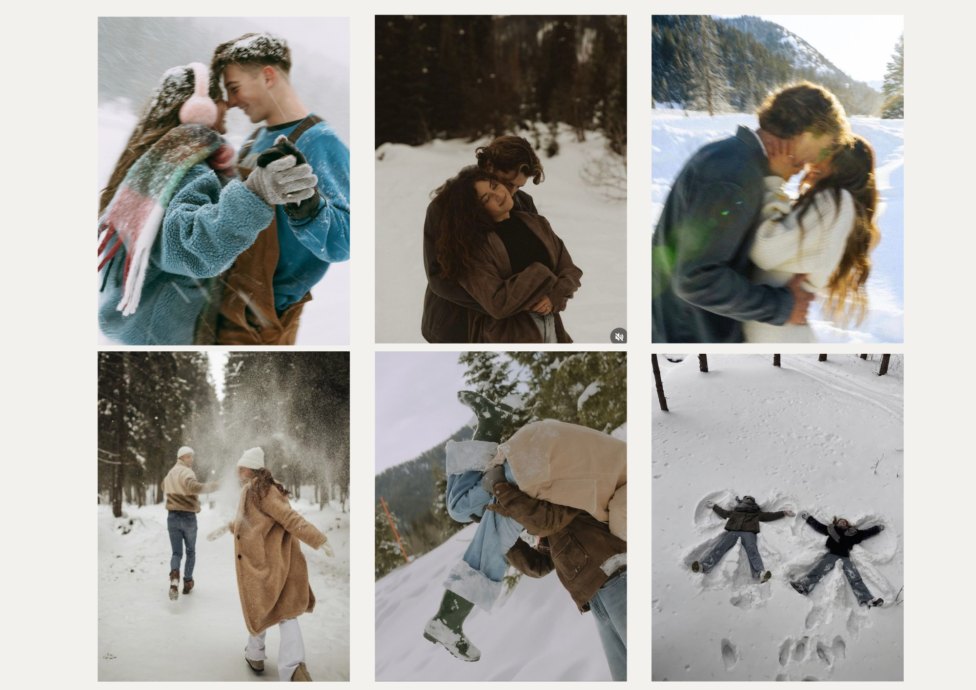 collage of playful couples photoshoots in the snow outdoors.