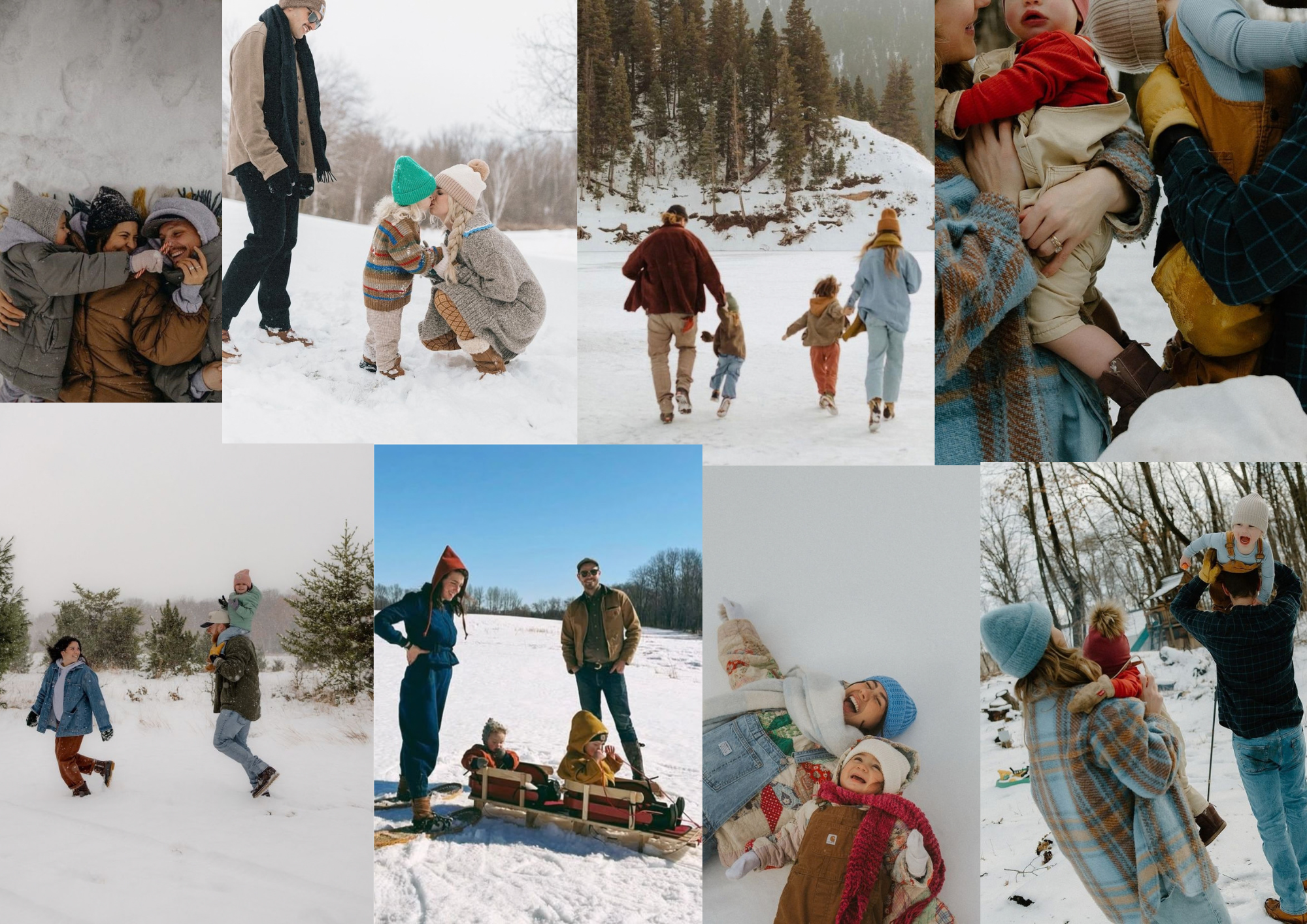 Collage of playful family photos in the snow outdoors.