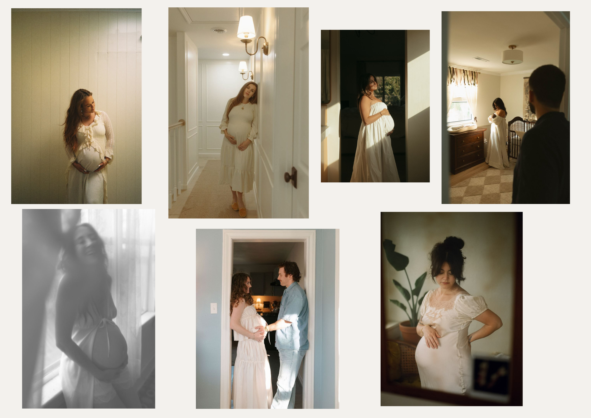 Collage of images of in-home romantic maternity photoshoots.