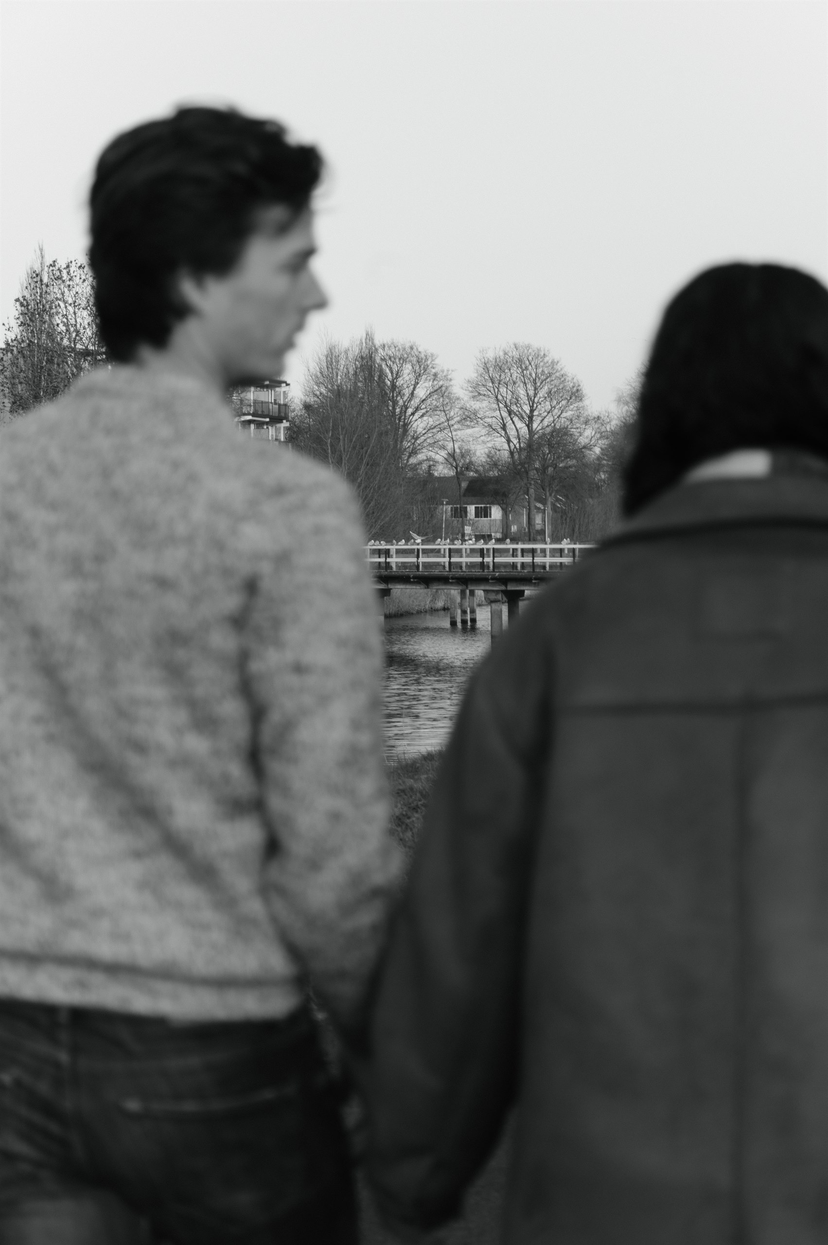 Black-and-white rear view of a couple walking hand in hand.